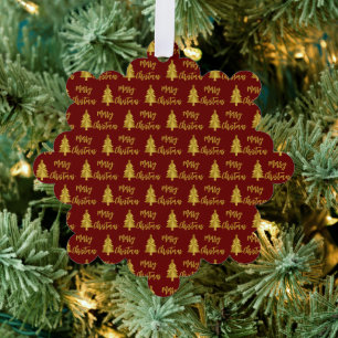 Merry Christmas Trees Deep Red and Gold Script Tree Decoration Card
