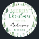 MERRY Christmas Trees Family Gift Classic Round Sticker<br><div class="desc">Monogram Family Name envelope seal stickers. Fun Christmas holiday pattern. Script font highlights with easy to read serif name font. Easy to adjust for your own needs. Christmas gift giving</div>