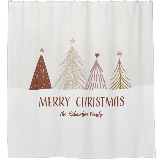 Merry Christmas Trees Family Name Elegant Holiday Shower Curtain (Front)