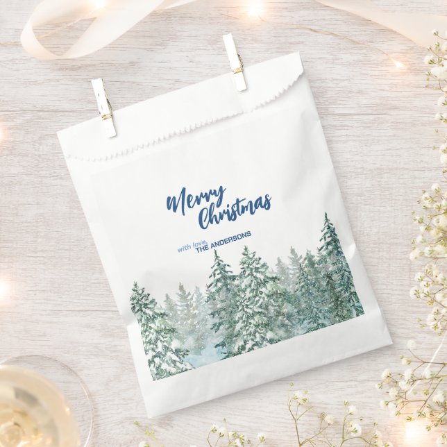 Merry Christmas trees forest Watercolor script Favour Bags (Clipped)