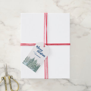 Merry Christmas trees forest Watercolor script Gift Tags