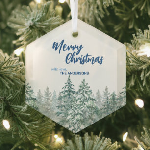 Merry Christmas trees forest Watercolor script Glass Tree Decoration