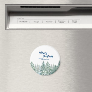 Merry Christmas trees forest Watercolor script Magnet