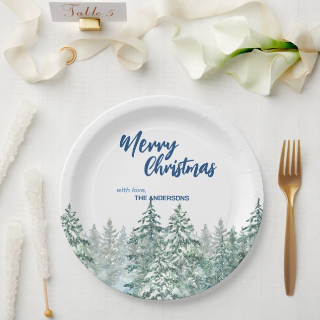Merry Christmas trees forest Watercolor script Paper Plate (Wedding)