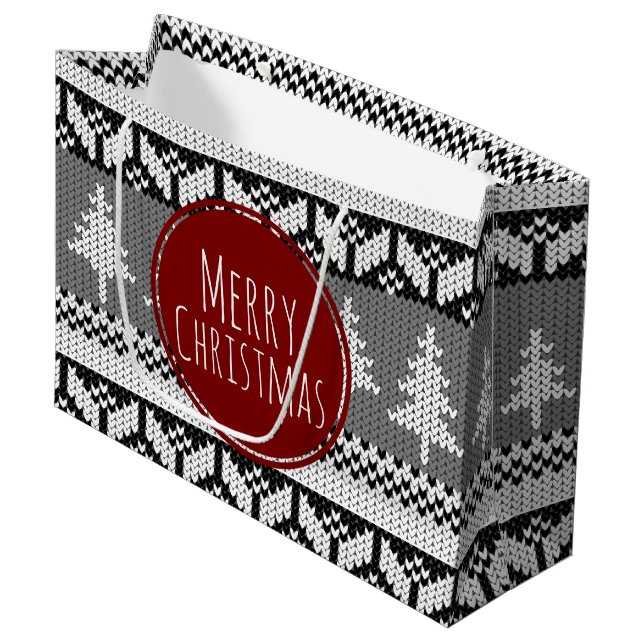 Merry Christmas Trees Grey Nordic Pattern Large Gift Bag (Front Angled)