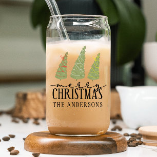 Merry Christmas Trees Modern Script Holidays Can Glass