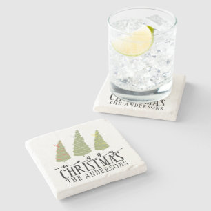 Merry Christmas Trees Modern Script Holidays Stone Coaster