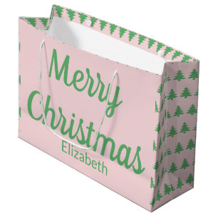 Merry Christmas Trees Pink and Green Text Name Large Gift Bag