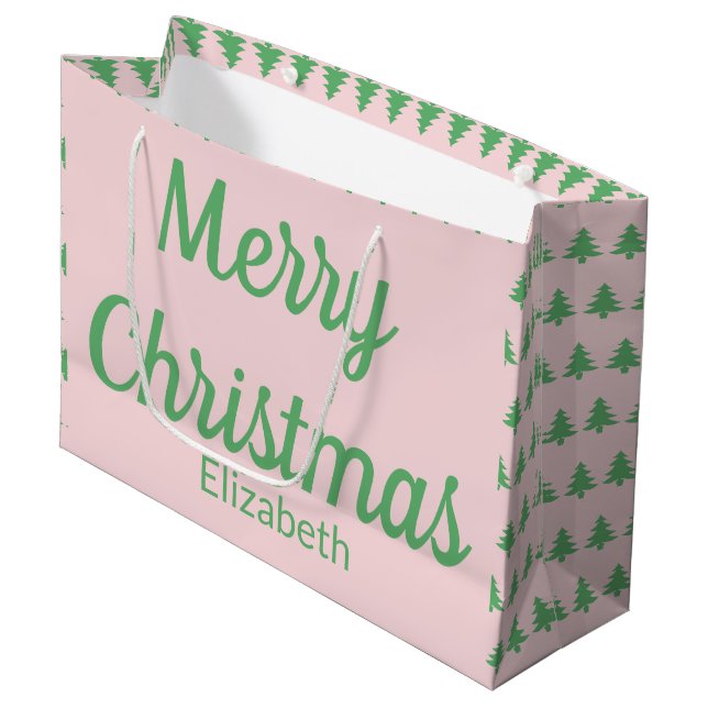 Merry Christmas Trees Pink and Green Text Name Large Gift Bag (Front Angled)