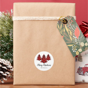 Merry Christmas Trees Rustic Red Plaid Custom Classic Round Sticker