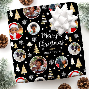Merry Christmas Trees Snowflakes Photo Black Wrapping Paper