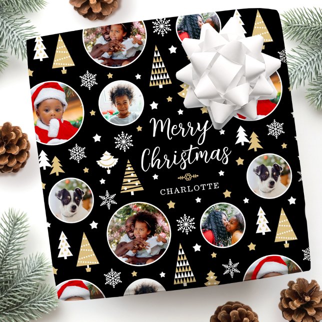 Merry Christmas Trees Snowflakes Photo Black Wrapping Paper (Creator Uploaded)