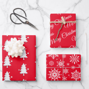 Merry Christmas, Trees, Snowflakes Red holiday Wrapping Paper Sheet