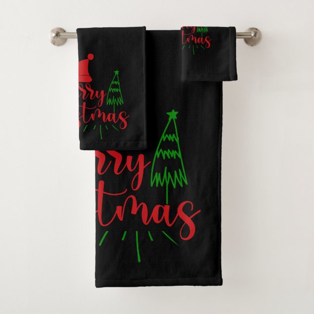 Merry Christmas Trees Text On Black Bath Towel Set (Insitu)