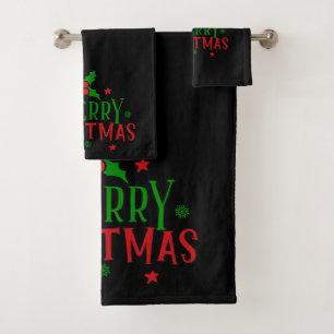 Merry Christmas Trees Text On Black Bath Towel Set