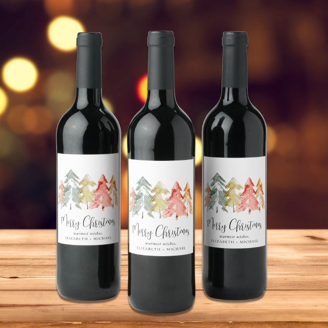 Merry Christmas Trees Watercolor Wine Label (Creator Uploaded)