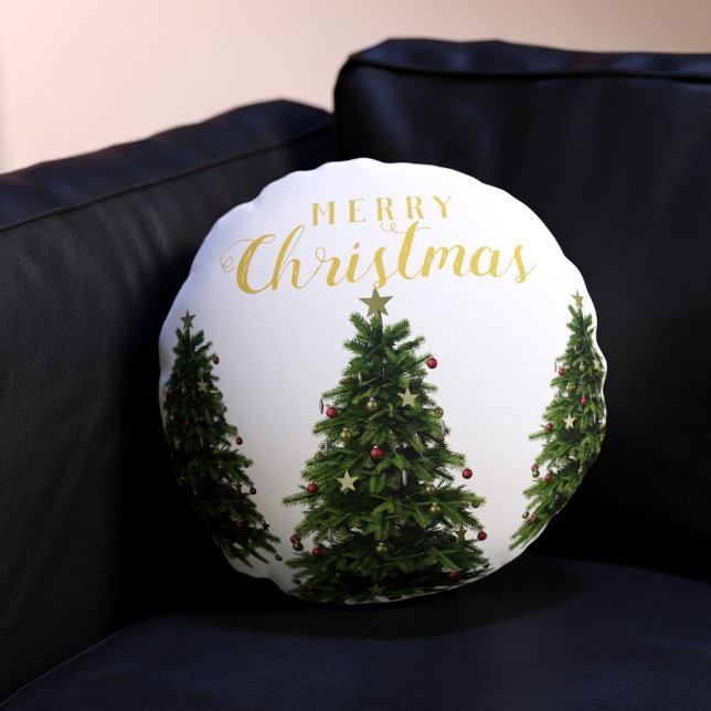 Merry Christmas Trees Winter White Round Pillow (A classic Christmas tree round pillow just for you. Merry Christmas!)