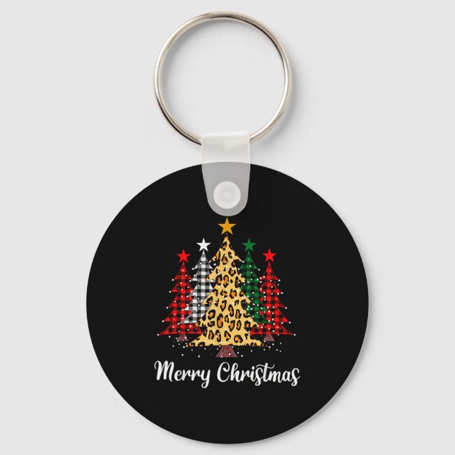 Merry Christmas Trees With Buffalo Plaid &amp; Leo Key Ring (Front)