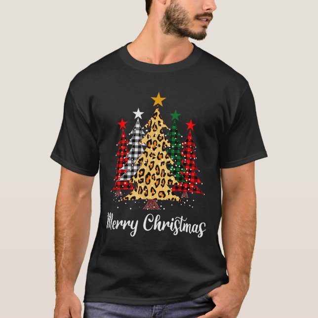 Merry Christmas Trees With Buffalo Plaid &amp; Leo T-Shirt (Front)