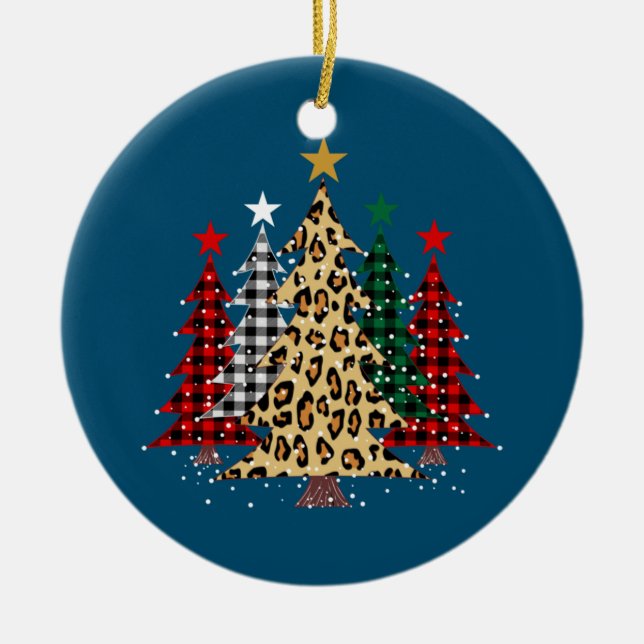 Merry Christmas Trees with Buffalo Plaid & Leopard Ceramic Tree Decoration (Front)