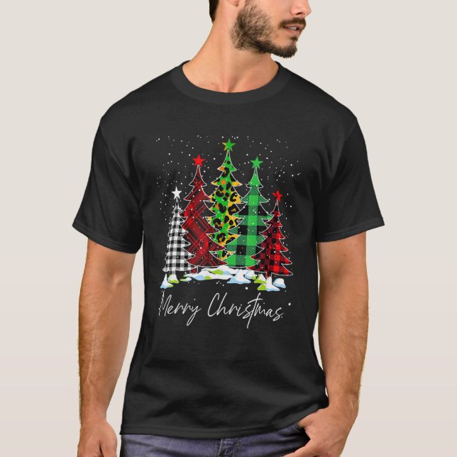 Merry Christmas Trees With Buffalo Plaid Leopard D T-Shirt (Front)