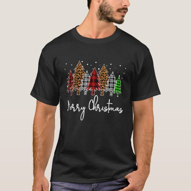 Merry Christmas Trees With Buffalo Plaid Leopard P T-Shirt (Front)