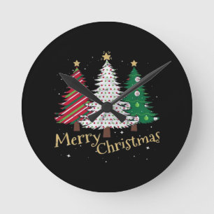 Merry Christmas Trees with Holiday Plaid Gift Fami Round Clock