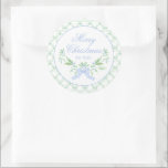 Merry Christmas Trellis and Swag with Blue Bow Classic Round Sticker<br><div class="desc">This chic sticker design features a grandmillennial Christmas design with a blue and green holly swag with blue bow with text that says "Merry Christmas to You." The background has decorative blue and green trellis pattern.</div>