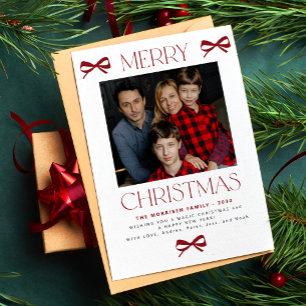 Merry Christmas trendy red bow family photo Holiday Card