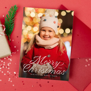 Merry Christmas trendy ribbon script one photo Holiday Card