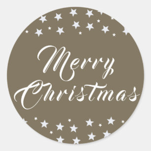 Merry Christmas Trendy Script Stars Beige Holiday Classic Round Sticker