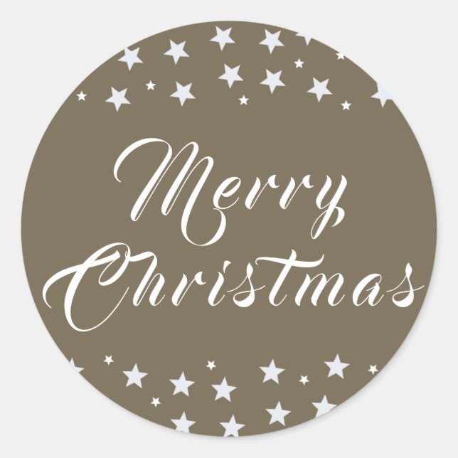 Merry Christmas Trendy Script Stars Beige Holiday Classic Round Sticker (Front)