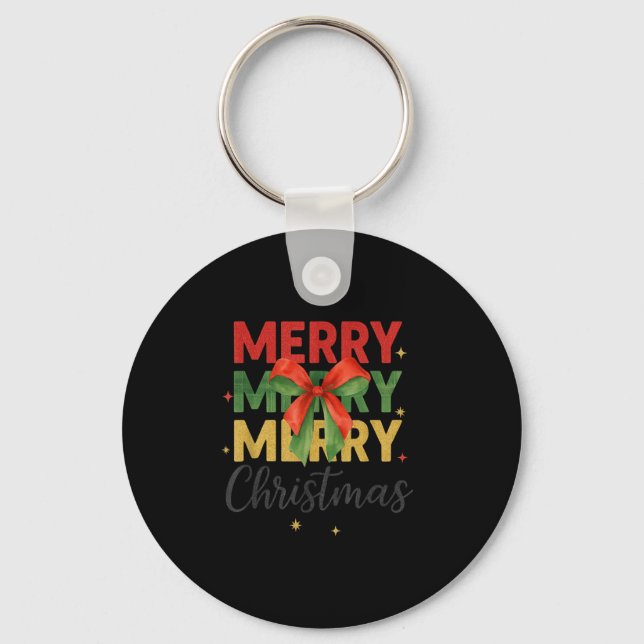 Merry Christmas Triple Merry Bow Tygraphy Red Gree Key Ring (Front)