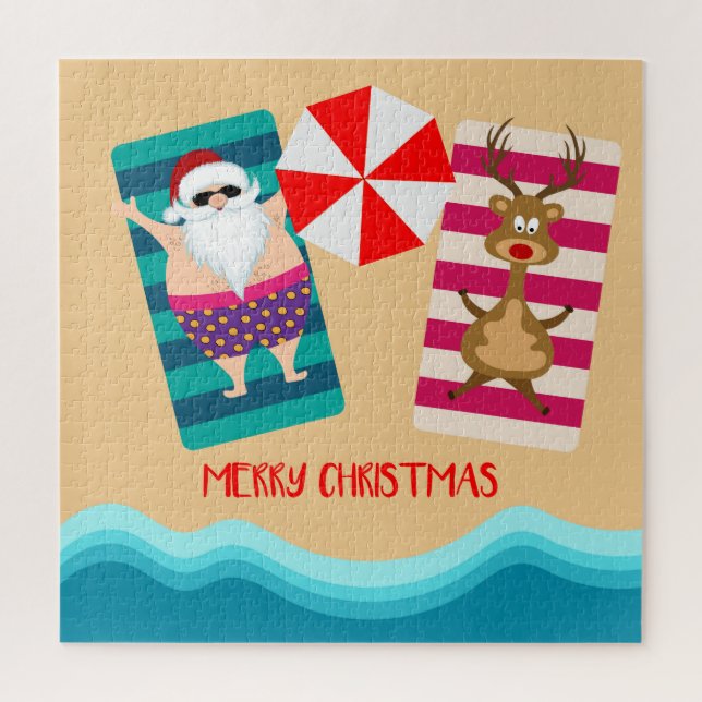 Merry Christmas Tropical Beach Santa Reindeer Jigsaw Puzzle (Vertical)