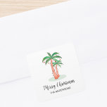 Merry Christmas Tropical Palm Tree Square Sticker<br><div class="desc">These Merry Christmas stickers are decorated with a tropical palm tree covered in lights and baubles.
Easily customisable.
Use the Design Tool to change the text size,  style,  or colour.
As we create our artwork you won't find this exact image from other designers.
Original Watercolor © Michele Davies.</div>