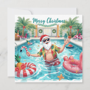 Merry Christmas Tropical Santa Summer Pool Party Holiday Card