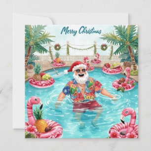 Merry Christmas Tropical Santa Summer Pool Party Holiday Card