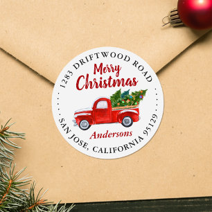 Merry Christmas Truck and Christmas Trees Address Classic Round Sticker