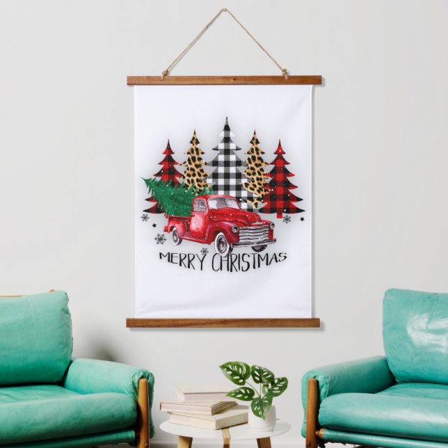 Merry Christmas truck and trees Hanging Tapestry (Living Room)