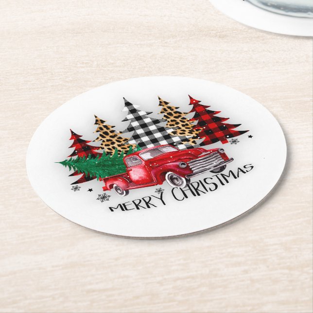 Merry Christmas truck and trees Round Paper Coaster (Angled)