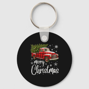 Merry Christmas Truck Buffalo Plaid Xmas Tree Men  Key Ring