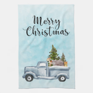 Merry  Christmas Truck Carrying Trees & Animals Tea Towel