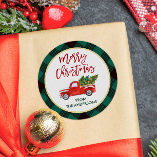 Merry Christmas Truck Green Plaid Check Classic Round Sticker