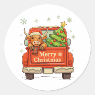 Merry Christmas Truck Highland Cow Tree Cosy Xmas Classic Round Sticker