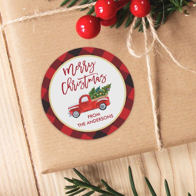 Merry Christmas Truck Red Buffalo Plaid Classic Round Sticker (Creator Uploaded)