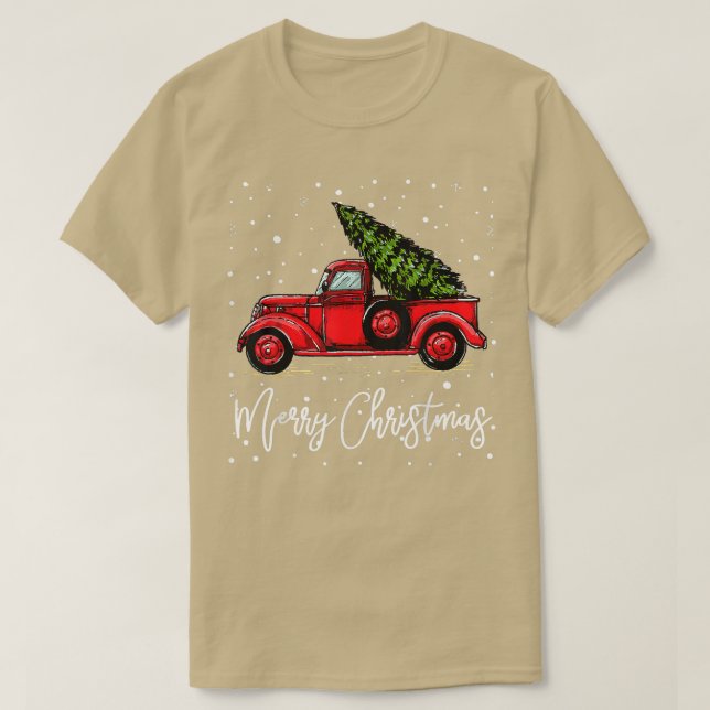Merry Christmas Truck Red With Tree Funny Xmas Paj T-Shirt (Design Front)