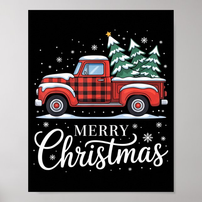 Merry Christmas Truck Xmas Red Plaid Family Christ Poster (Front)