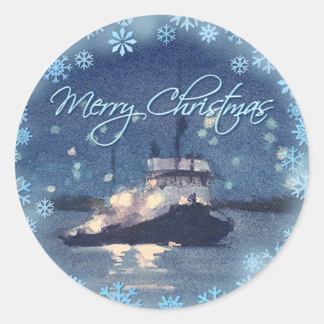 MERRY CHRISTMAS TUG BOAT by SHARON SHARPE Classic Round Sticker (Front)