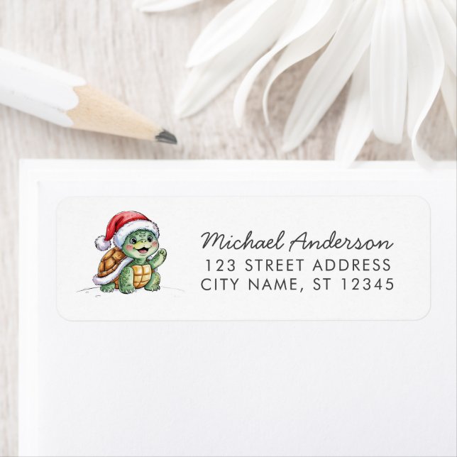 Merry Christmas Turtle in Santa Hat Return Address (Insitu)