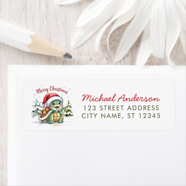 Merry Christmas Turtle in Santa Hat Return Address (Insitu)